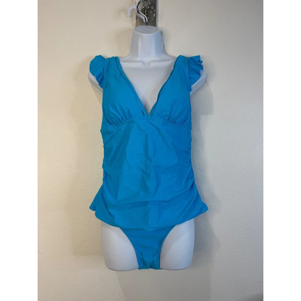 Cupshe Bright Blue Ruffle Sleeve Tankini Set High Waisted Ruched Swimsuit L